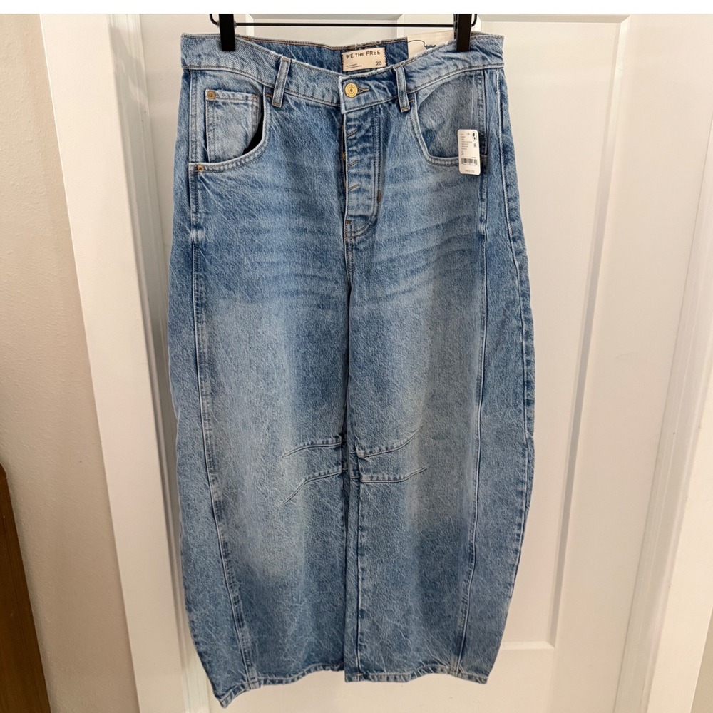 NWT We The Free People Good Luck Mid-Rise Barrel Jeans Ultra Light Beam 28 Boho